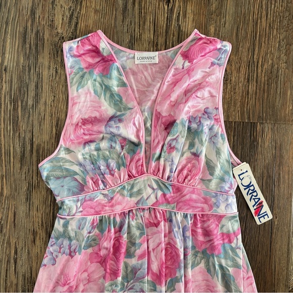 Vtg Lorraine Empire Waist Plunge Neck Maxi Nightgown Slip Dress Sz M Pink Floral - Picture 9 of 13